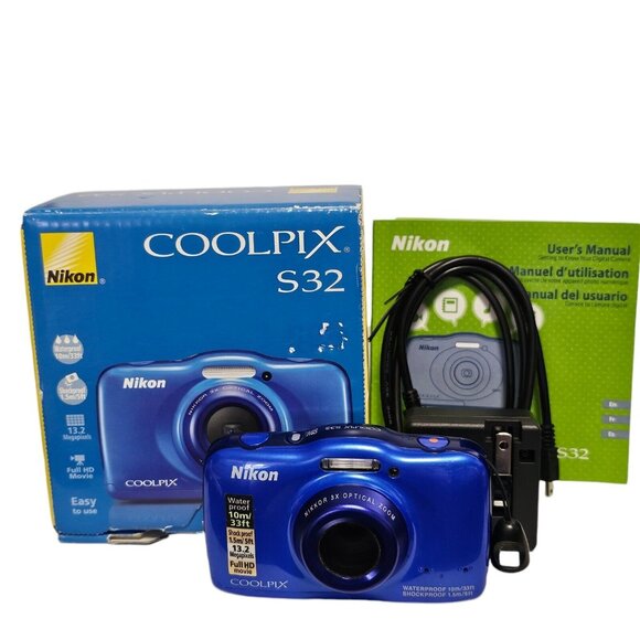 Nikon COOLPIX S32 13.2MP Digital Camera Blue Waterproof Box Battery Charger Card - Picture 2 of 16